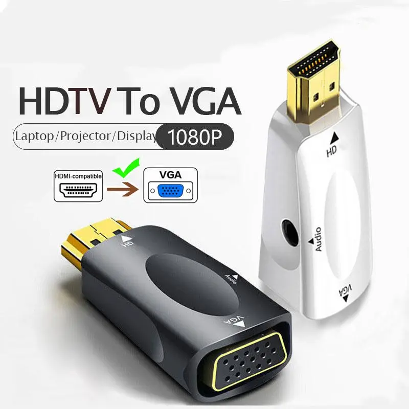 HDMI-Compatible to VGA Male-to-Female Converter Adapter with 3.5mm Audio Jack, HD 1080P for PC Laptop, Digital Device with DVD Plug & Port Support