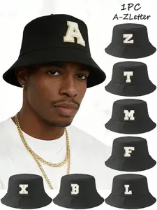 1PC A-Z Letter Bucket Hat, Black Unisex Fisherman Cap with Embroidered Letter Patch, Trendy Flat Brim Sun Hat for Summer Outdoor, UV Protection & Casual Wear, Multiple Letters Available