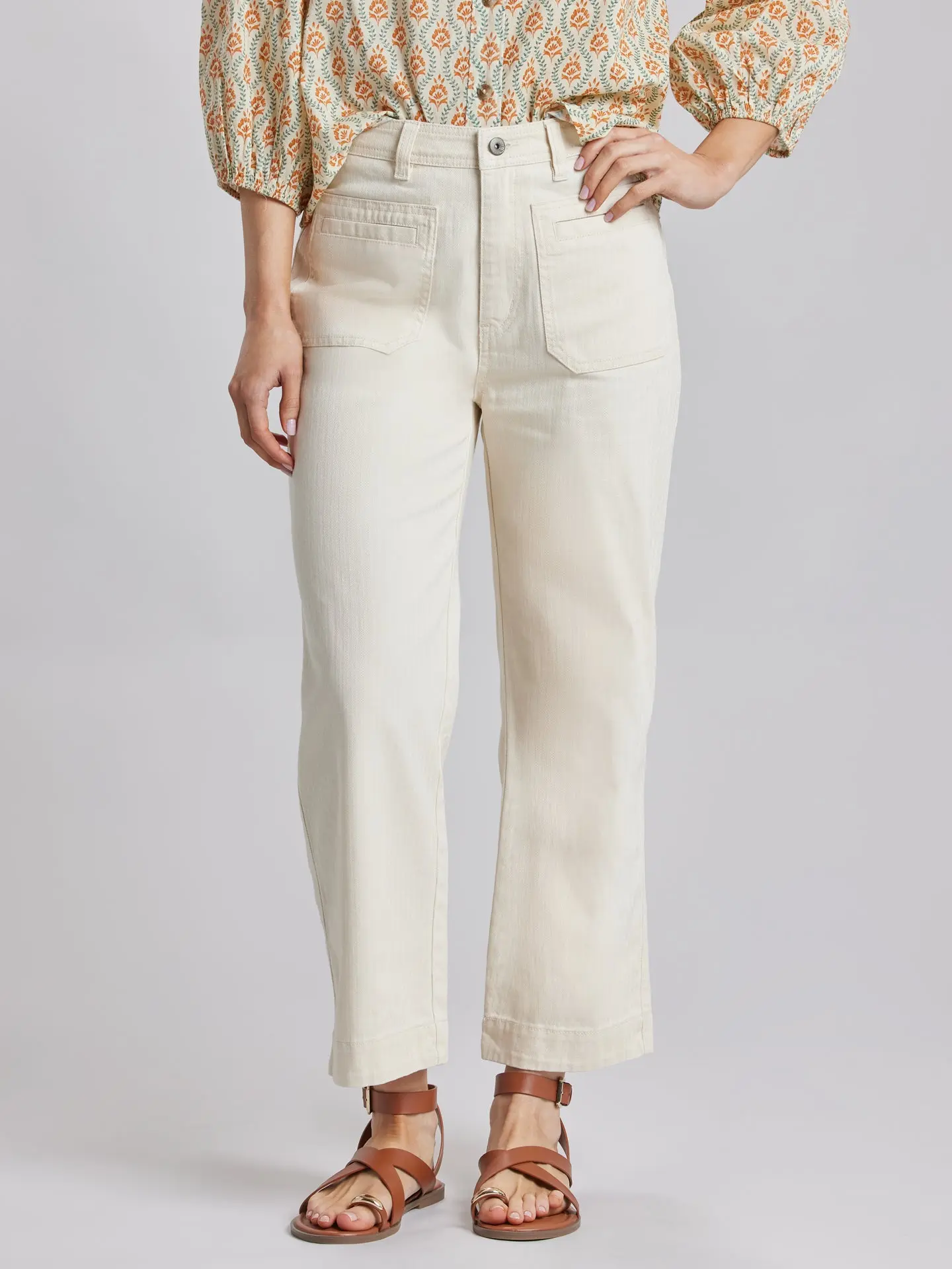Jenni Women's High-Waist Herringbone Cropped Wide-Leg Pants - Stretch Cotton, Soft, Breathable, Button-Accented, Pockets, Streetwear, Casual, Workwear, Comfortable Everyday Bottoms, Wide Legged Pants, Button Front, Machine Wash, High Stretch, Zip
