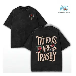 [Vintage Cotton T-Shirt] High Quality Cotton Vintage Wash Style Men's Double-Sided Printed T-Shirt, Tattoos Are Lowbrow, Summer Wear, Drop Shoulder Sleeves Round Neck Short-Sleeved Top
