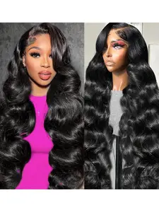 28 Inch Body Wave Lace Front Wig, Fluffy Wave Wig, Human Hair Pre-Plucked 13x4 HD Lace Frontal, 200 Density Glueless Wig, Natural Black