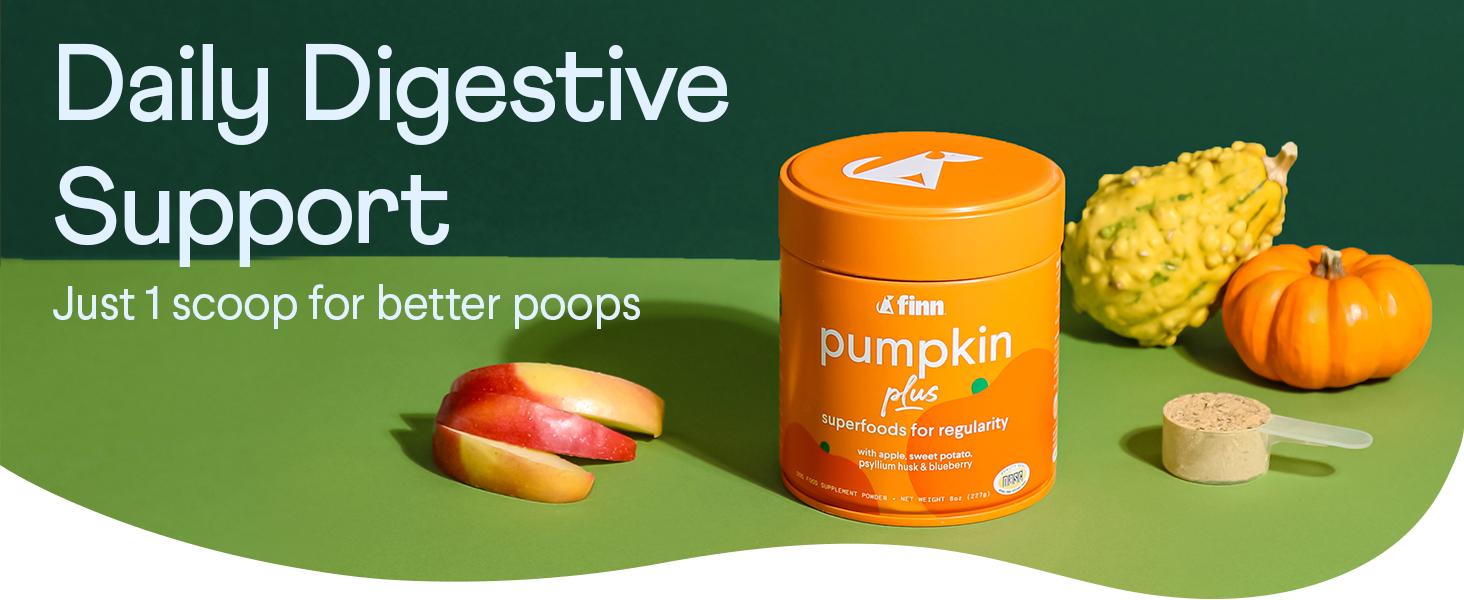 FINN Pumpkin Plus Superfood Meal Topper for Dogs - Fast-Acting Digestive Relief, Supports Digestive Health, Soothes Sensitive Stomachs with Pumpkin, Psyllium Husk, Apple, Sweet Potato, & Blueberry – 8oz Powder Supplements