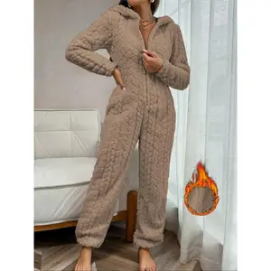 Winter wool-lined hooded jumpsuit, regular home wear with a thick zipper design, comfortable plush jumpsuit for cold weather