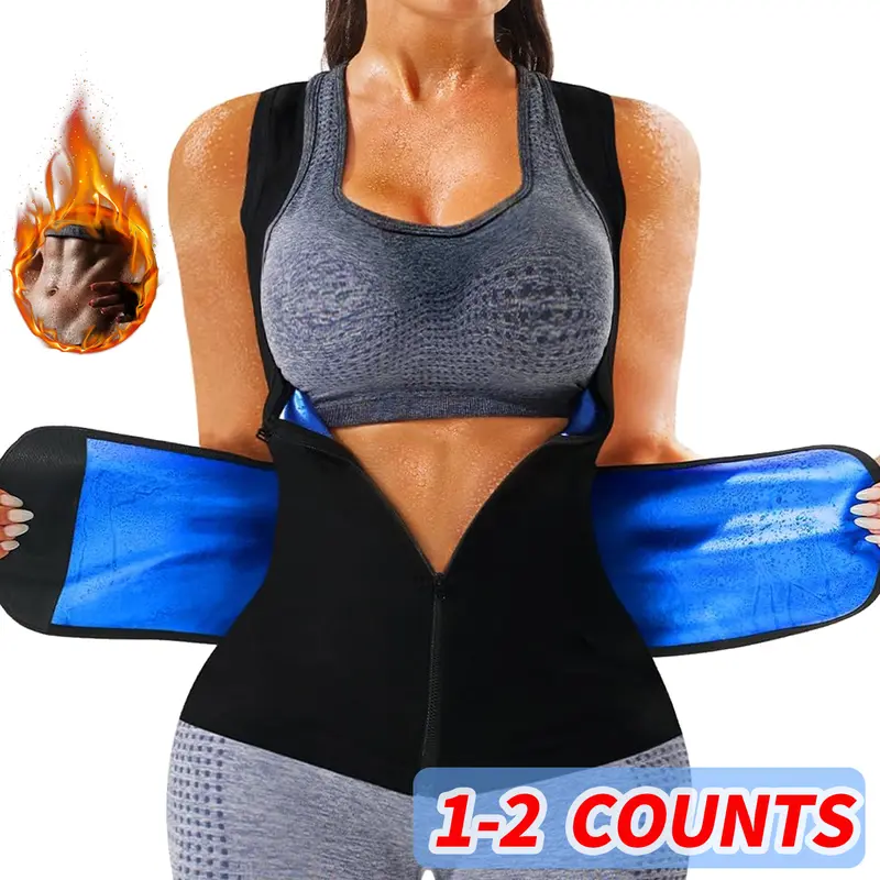 1-2 Counts Women Sauna Vest Sauna Waist Trainer Vest Workout Sweat Vest with Zipper Heat Trapping Sleveless Sauna Suits Plus Size Black