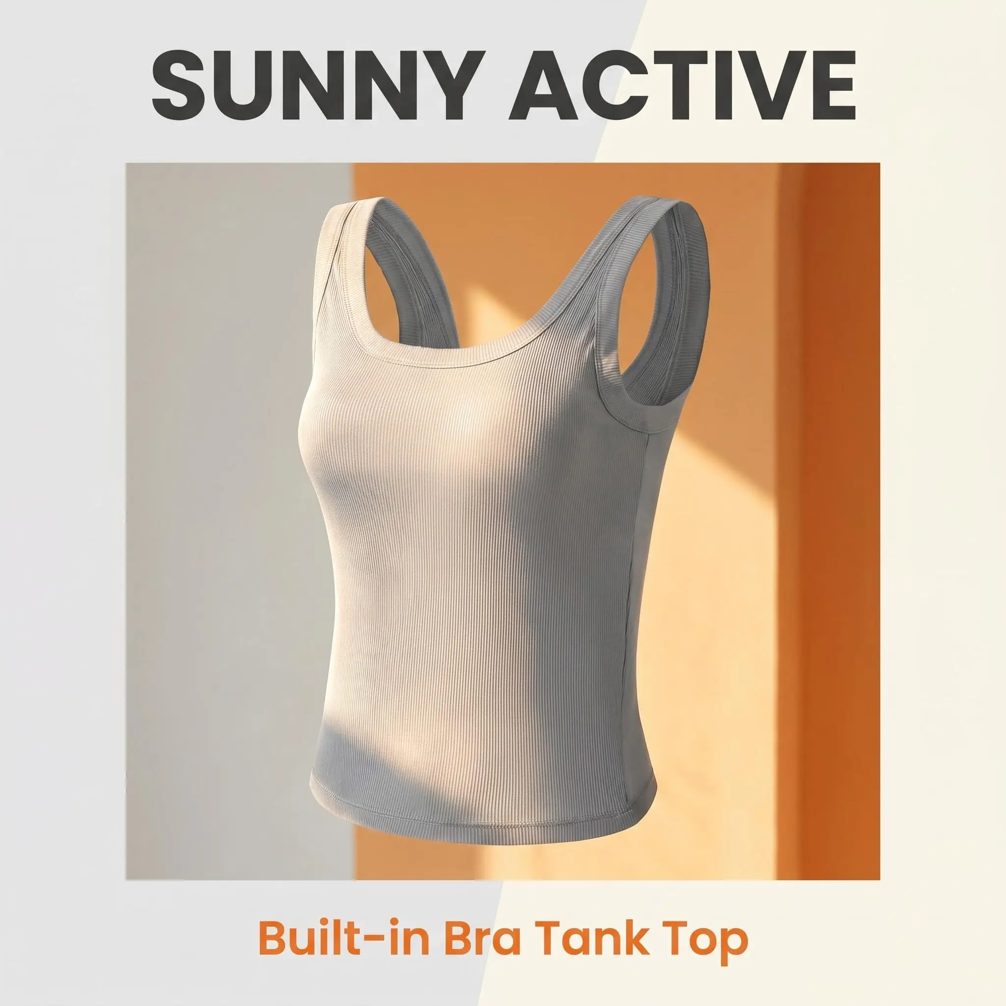 Women’s Knit Sports Tank Top – Light Gray U-Neck Yoga Top with Built-In Padding, Layerable, Available in Multiple Colors