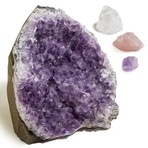 Large Amethyst Geode  + A Self-Love Crystal Healing Set (Rose Quartz, Rock Crystal, Amethyst Crystals), One Palo Santo Stick, and A Crafted Fabric Bag