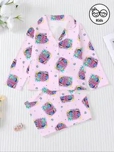 Fire Retardant Fabric Sleepwear Set, Cute Cartoon Print, Short Sleeve Open Front Top & Loose Elastic Shorts, All Seasons