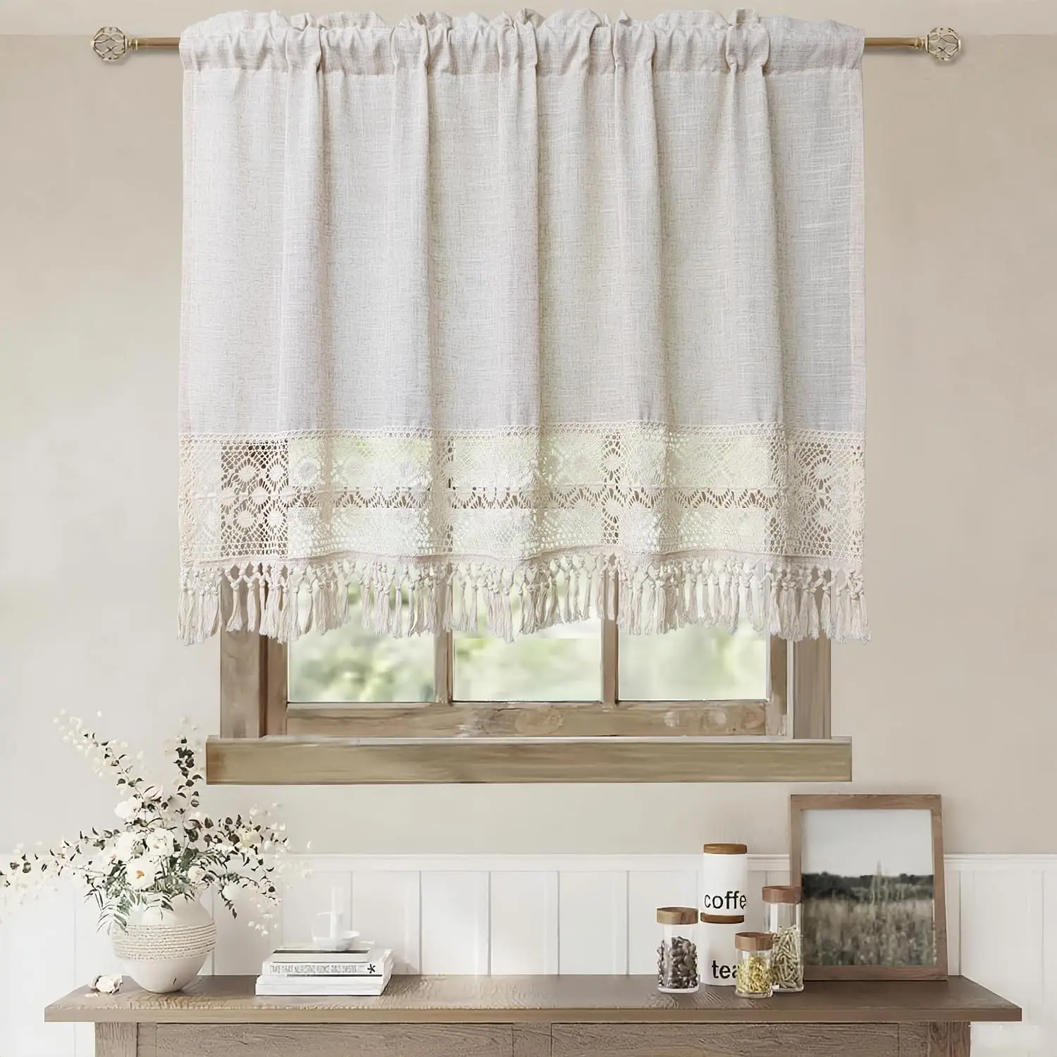 Boho Linen Sheer Curtain Valance with Crochet Lace Trim for Small Windows | Farmhouse Rustic Light Filtering Cafe Curtains with Tassel Fringe for Kitchen Bathroom Window Valance Rod Pocket Top 1 Panel