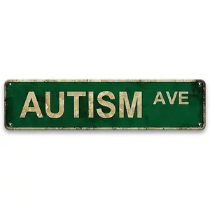 2D Autism Ave Metal Sign 4x16 Inch, Vintage Street Sign Style Wall Decor for Home Bar Cafe & Garage, Distressed Green Metal Tin Poster, Industrial Style Decorative Plaque