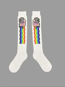 Women's Cute Rainbow Cat Print Socks, Knitted Compression Crew Socks, Comfortable & Stylish Design for Daily Wear, Casual Daily Socks