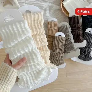 Elegant Lettuce Trim Leg Warmers for Women, 4 Pairs Pack - Polyester and Spandex Knit Fabric, Solid Color Fuzzy Warmers with Stretch, Hand Wash, Chic Korean Style Thigh-High Leg Covers, Versatile Autumn and Winter Accessory(Sheet)