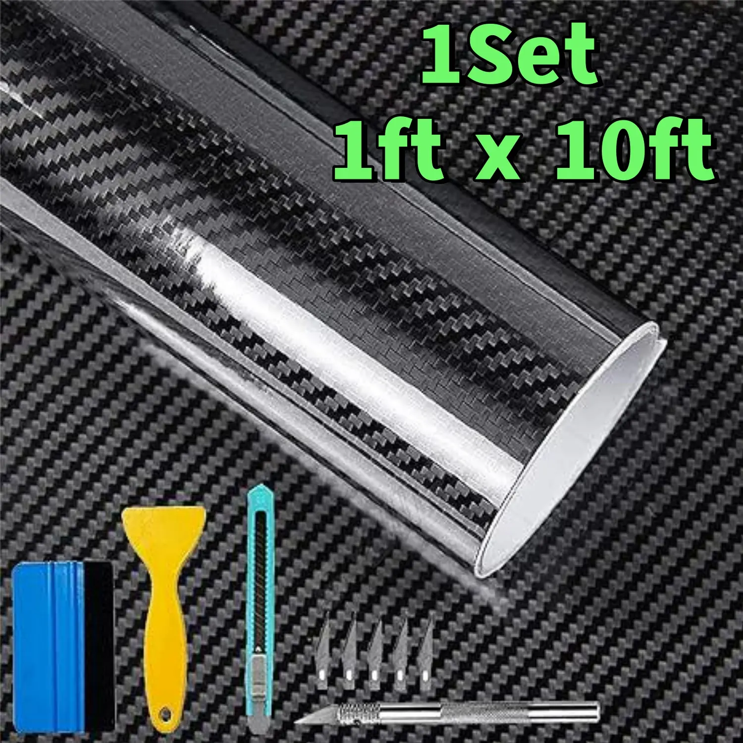 1x10 ft High Glossy Black Carbon Fiber Car Vinyl Wrap Roll with Tool Kits, Air Release, Scratchproof, Bubble-Free DIY Auto Accessory for Cars, Rims, Cabinets - Home Improvement Building Supplies