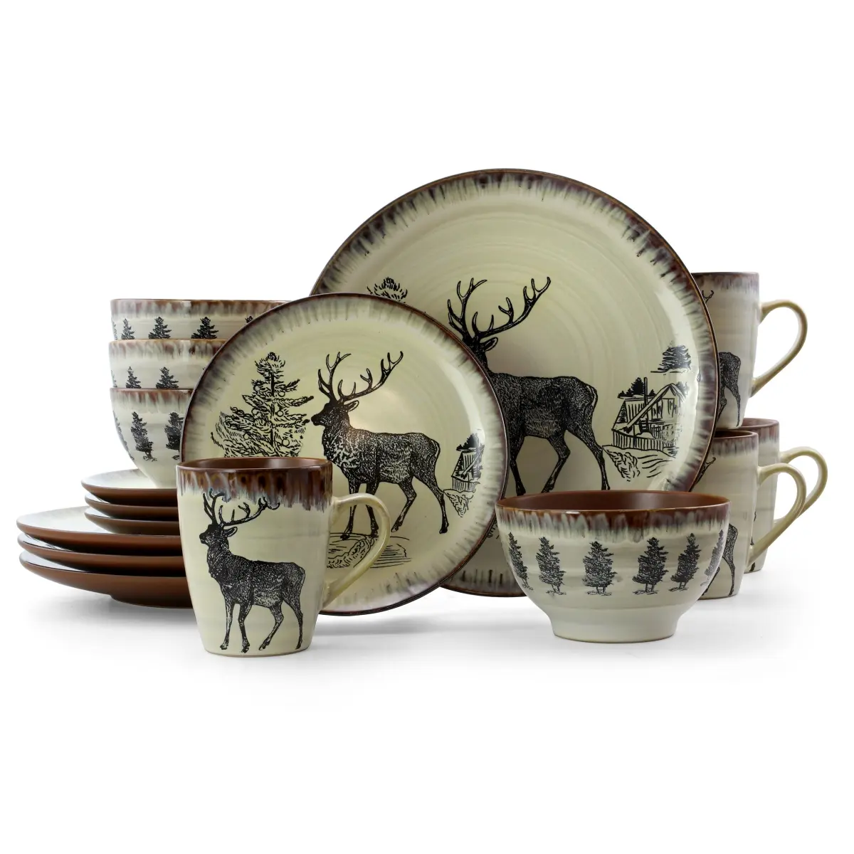 212 MAIN 16-Piece Contemporary Elk-Motif Forest-Themed Wooden Stoneware Tableware Kit - Plates, Bowls for Adult Everyday Use, Animals-Inspired Dishware Set