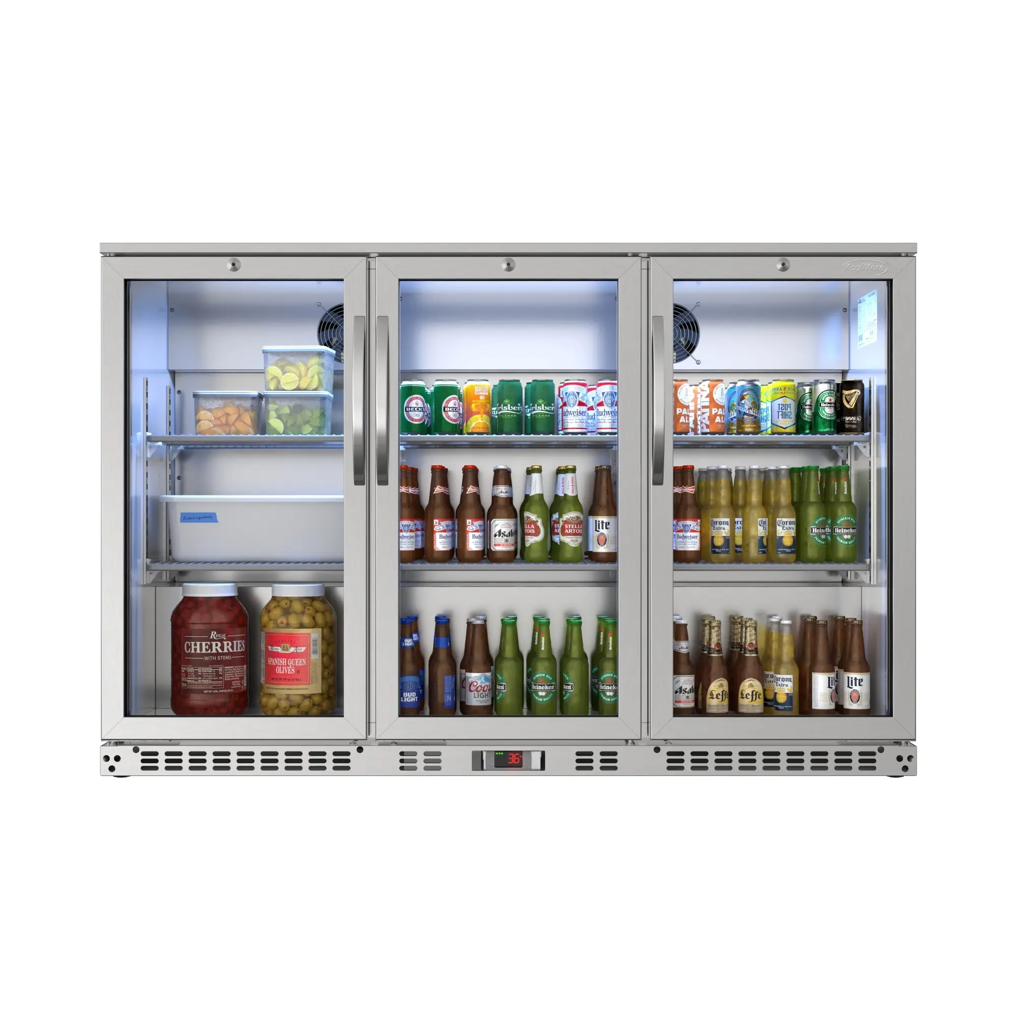 KoolMore New Commercial 3-Door Stainless-Steel Back Bar Refrigerator - 53 in, 13 Cu Ft, Glass Display, LED Lighting, Auto Defrost - BC-3DSW-SS
