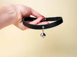 Human Kitty Choker Collar with Silver Colored Bell in Black Leather
