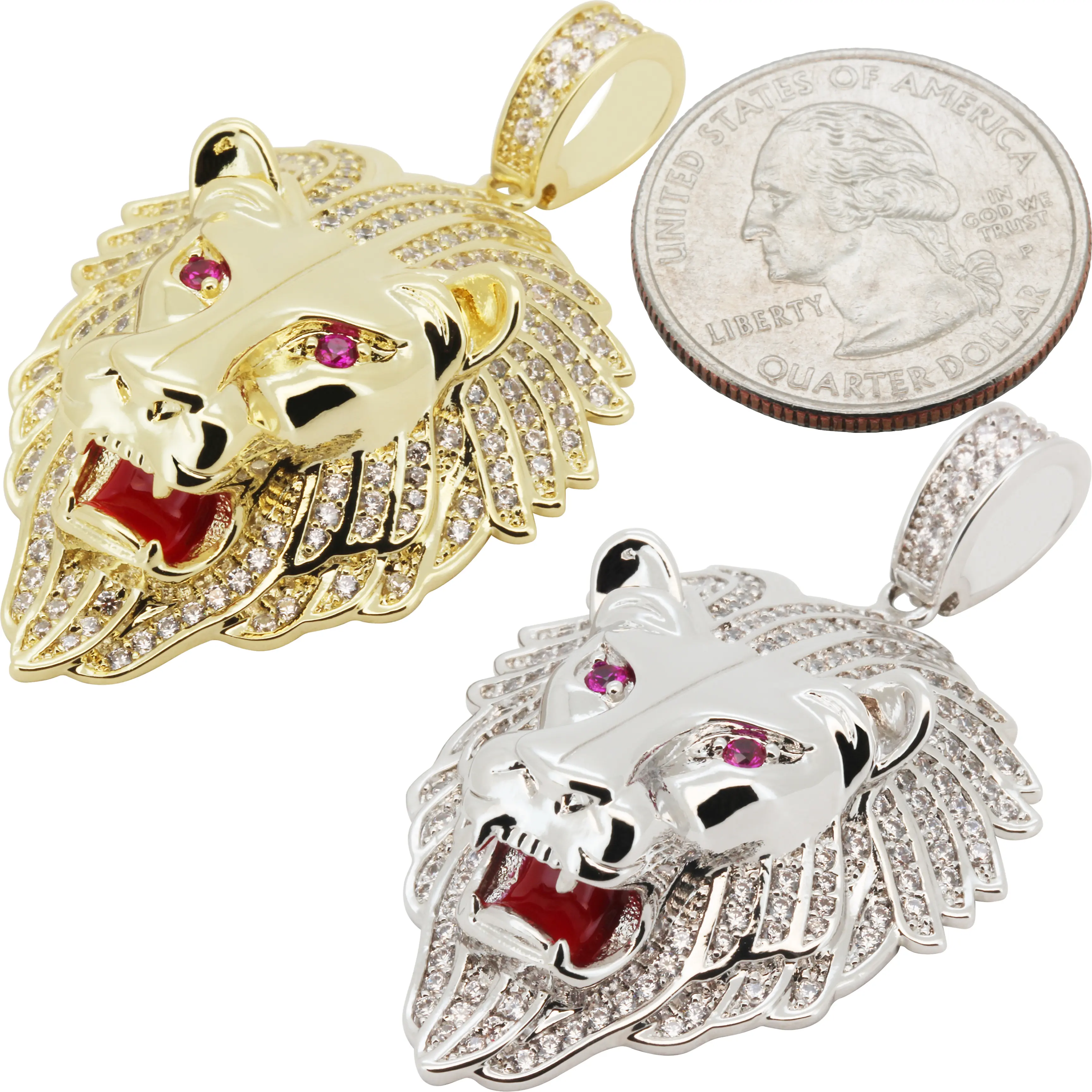 14k Yellow/White Gold Plated AAA Cubic Zirconia Lion Head Enamel Pendant