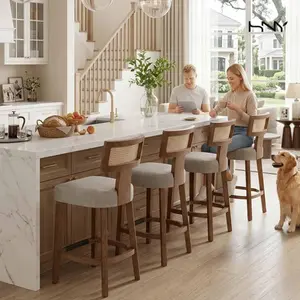 【SummerVibes】HNY Modern Rattan Barstools Set of 2, Grey PU Leather Upholstered  with Curved Backrest & Hardwood Frame summerwins