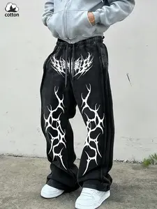 Unisex Gothic Style Washed cotton trendy Lightning Symbol Print Sweatpants, Loose-Fitting Casual Streetwear for All Seasons, Suitable for streetwear, Y2K style, gothic style, men's gifts, couple outfits, and high-street fashion