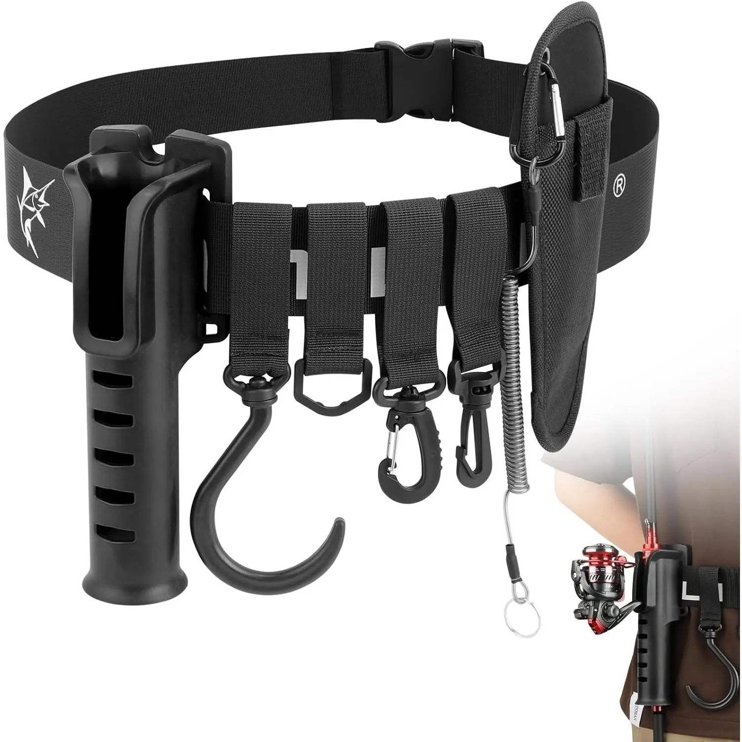 Men's Adjustable Nylon Fishing Rod Holster Waist Wading Belt - Clip, Holder Hooks, Portable Pole Inserter Buckle, Rods Accessories for Fly Fishing (Black), Rod Clip