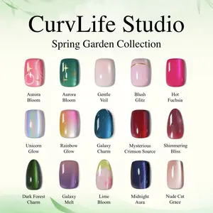 CurvLife Studio Spring Garden Press-On Nails Collection –30PCS | Soft Pastel Pink, Cream & Green Tones, Floral and Leaf-Inspired Nail Art, Glossy Jelly Shine, Reusable Nails for Fresh Everyday Spring Looks