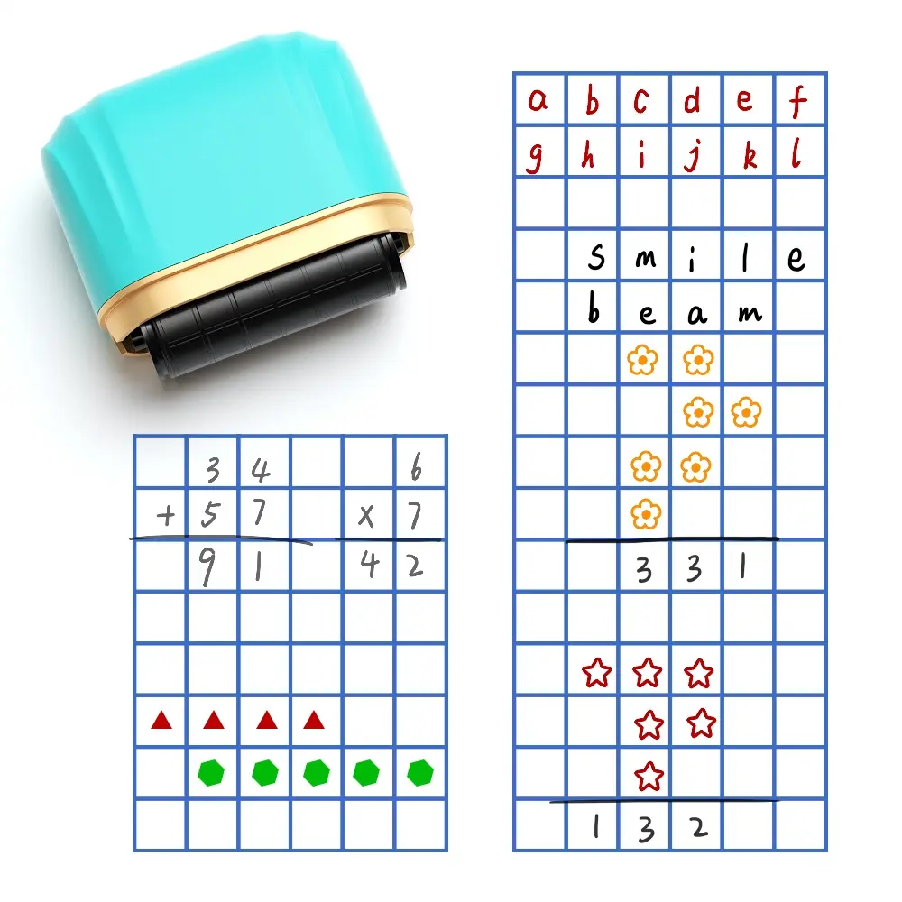 Automatic Ink Roller Stamp Set, Multi-Frame Handwriting Practice Rollers, Math Exercise Tool for Teachers & Parents, Blue Grid Stamps, Learning Tools, Office Supplies