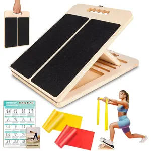 Wooden Slant Board for Calf Stretching, Portable Adjustable Calf Stretch Board with Training Poster & Resistance Bands, 300lb Weight Capacity Calf Ankle Achilles Physical Therapy Leg Exercisers