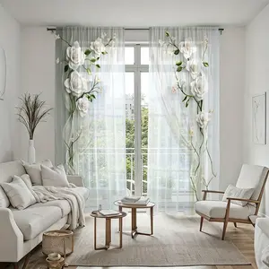 2Pcs White Rose Floral Print Sheer Curtains, Sheer Printed Curtains, Modern Aesthetic Window Treatments, Pole Pocket Semi-Transparent Voile Drapes, Elegant Home Decor Style for Living Room, Bedroom, Study, Coverings, Decor.