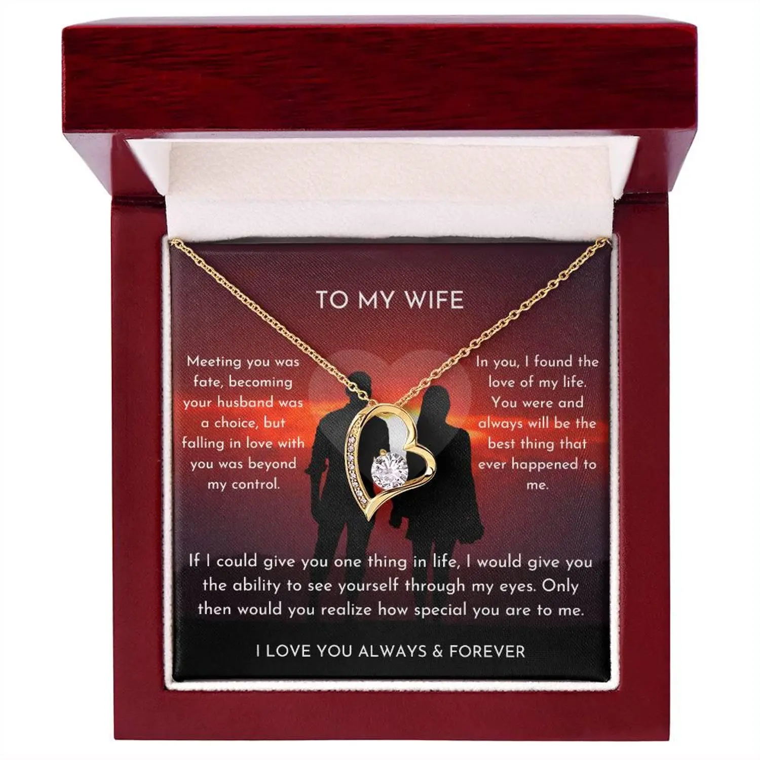 To My Wife Forever Love Heart Shaped Pendant Necklace 6.5mm CZ Crystal 14k White Gold Finish Anniversary Birthday Gift for Her Soulmate Jewelry