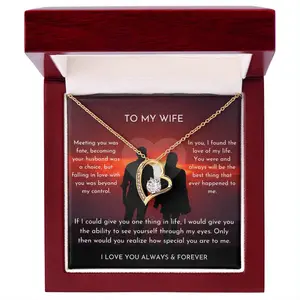 To My Wife Forever Love Heart Shaped Pendant Necklace 6.5mm CZ Crystal 14k White Gold Finish Anniversary Birthday Gift for Her Soulmate Jewelry