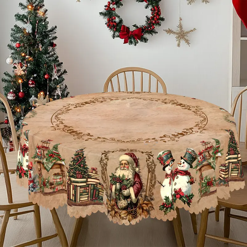 PLUMLIK Vintage Polyester Christmas Tablecloth - Santa Print, Reindeer, Christmas Flower Patterns, Scratch Protection, Round-Rect Table Cover, 2025 Party Ready Home Decor, Indoor-Outdoor Holiday Gift