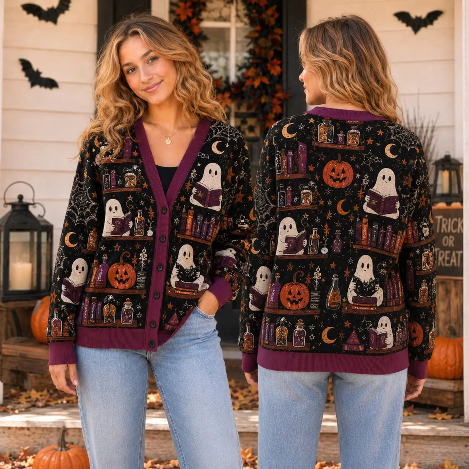 Bookish Ghost Cardigan for Women, Spooky Library Sweater, Gothic Pumpkin Knit Top, Cozy Fall Reader Gift
