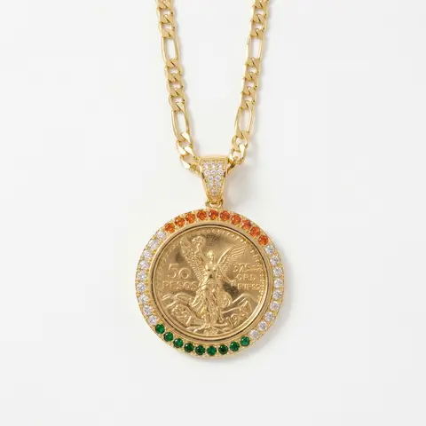 Centenario Coin Pendant Necklace - 14K Gold Plated Necklaces, 22in 4.5MM Figaro Chain, Tarnish-Free, Elegant Casual Daily Premium Jewelry for Latino Adults' Ethnic & Everyday Wear