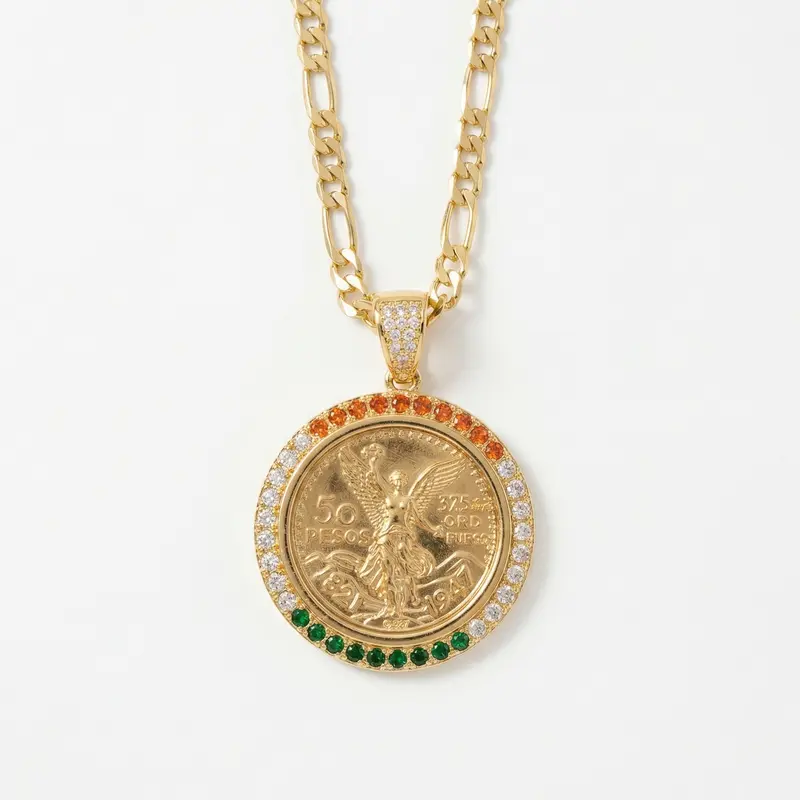 Centenario Coin Pendant Necklace - 14K Gold Plated Necklaces, 22in 4.5MM Figaro Chain, Tarnish-Free, Elegant Casual Daily Premium Jewelry for Latino Adults' Ethnic & Everyday Wear