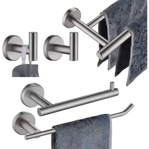 Bath Hardware Towel Bar Accessory Set, 5-Piece Bathroom Accessories Fixtures Set Brushed Finished Wall Mount Includes 24" Towel Bar, 9" Hand Towel Bar, Toilet Paper Holder, Robe Hook x2