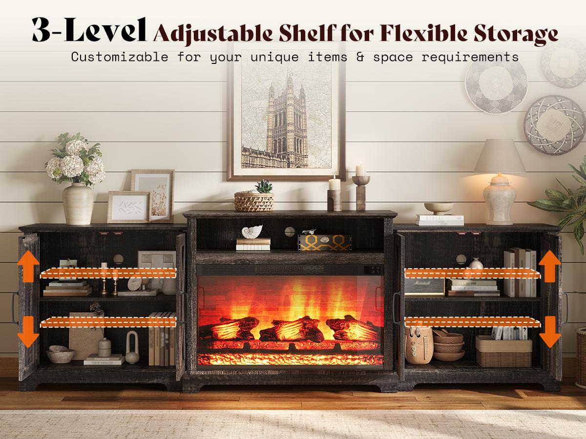 [Ships in Multiple Boxes] VanAcc 70"/ 97" Large Fireplace TV Stand, Farmhouse Entertainment Center with 33" Electric Fireplace, Media Console with Storage Cabinets & Adjustable Shelf