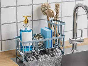 Rustproof 304 stainless steel sink caddy with brush and sponge holder. Multi-functional countertop organizer for kitchen soap storage, stylish gray blue finish.