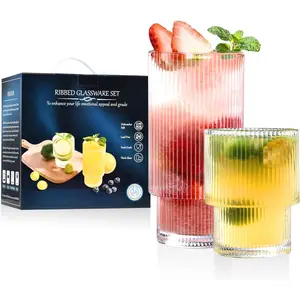 Small Ribbed Glassware Set of 12, Glass Cups 12 oz and 7 oz, Fluted Glassware, Stackable Glasses, Cups for Kitchen,  Box Set