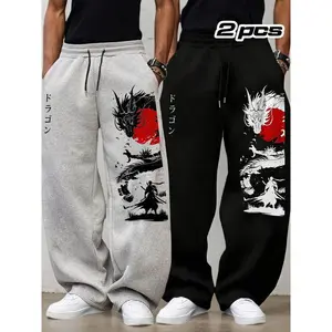 Men’s 2-Piece Dragon Print Loose Drawstring Sports Pants, Adjustable Waist, Outdoor Fitness Long Pants, Casual Straight Leg
