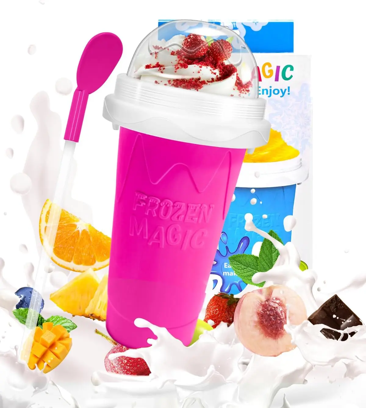 Slushie Cup, Double Layers Silica DIY Portable Slushy Cup with Lid & Straw | frozen magic slushy maker cup, Juices, Milk, Ice Cream Make, Kids, Friends, Family, pink