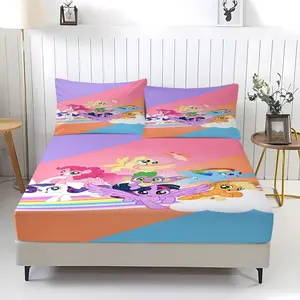 Cute Little Pony Cartoon Bedding Set, Comfortable Printed Pattern, Includes 1 Fitted Sheet and 2 Pillowcases, Non-Slip, Perfect for Kids and Teens Gift