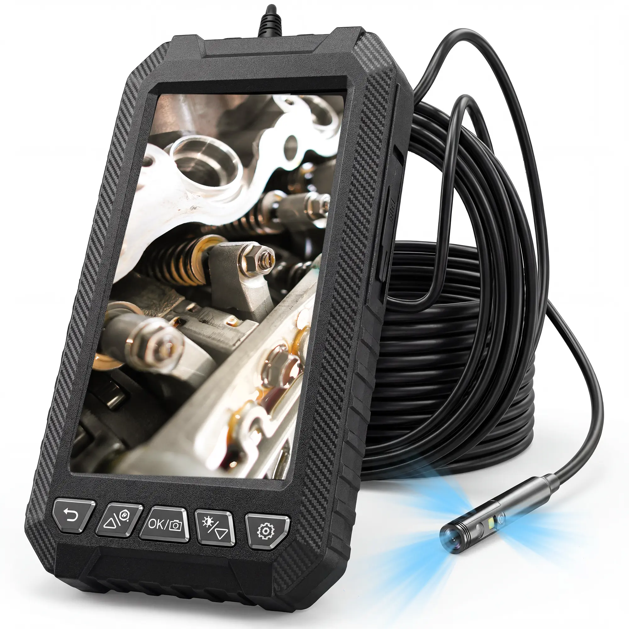 Industrial Endoscope Inspection Aid, 1080P 8mm Triple Lens Car Repair Diagnostic Tool with 5" Screen, 16.5FT Semi-Rigid Cable, IP67 Rated Waterproof Lights for Automotive Pipe Check, Auto Use