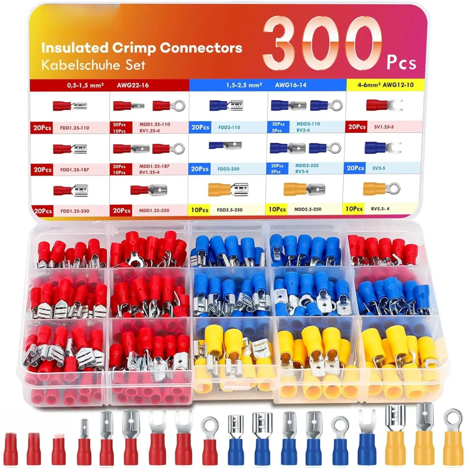 300PCS Wire Connectors Kit, Male and Female Spade Connectors, 17 Types Electrical Connector Kit 0.5-6.0mm², Insulated Terminal Connector, Includes Spade Ring Fork Wire Terminal