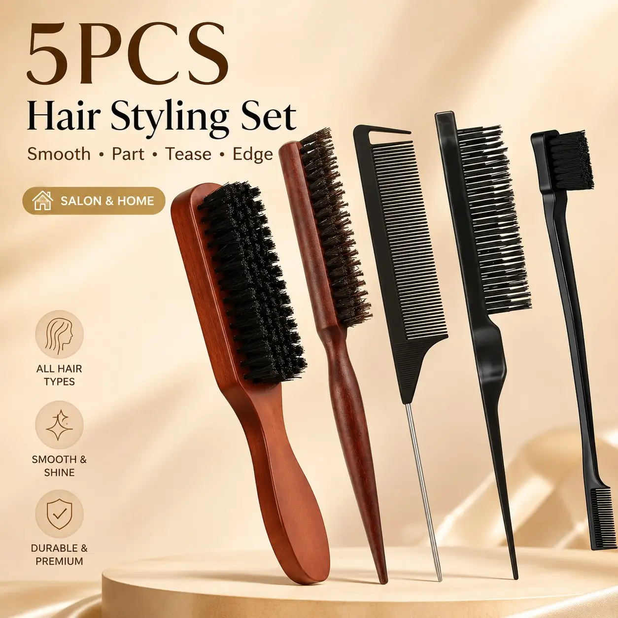 5PCS Hair Styling Brush & Comb Set, Pig Bristle Slick Back Brush, Rat Tail Comb, Edge Brush & Teasing Comb for Detangling, Smoothing, Sectioning, Edge Control, Hair & Beard Styling for Women Men
