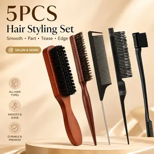 5PCS Hair Styling Brush & Comb Set, Pig Bristle Slick Back Brush, Rat Tail Comb, Edge Brush & Teasing Comb for Detangling, Smoothing, Sectioning, Edge Control, Hair & Beard Styling for Women Men