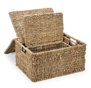 Seagrass Set of 3 Rectangular Baskets with Lids - Eco-Friendly Natural Seagrass for Organized Storage in Coastal Living