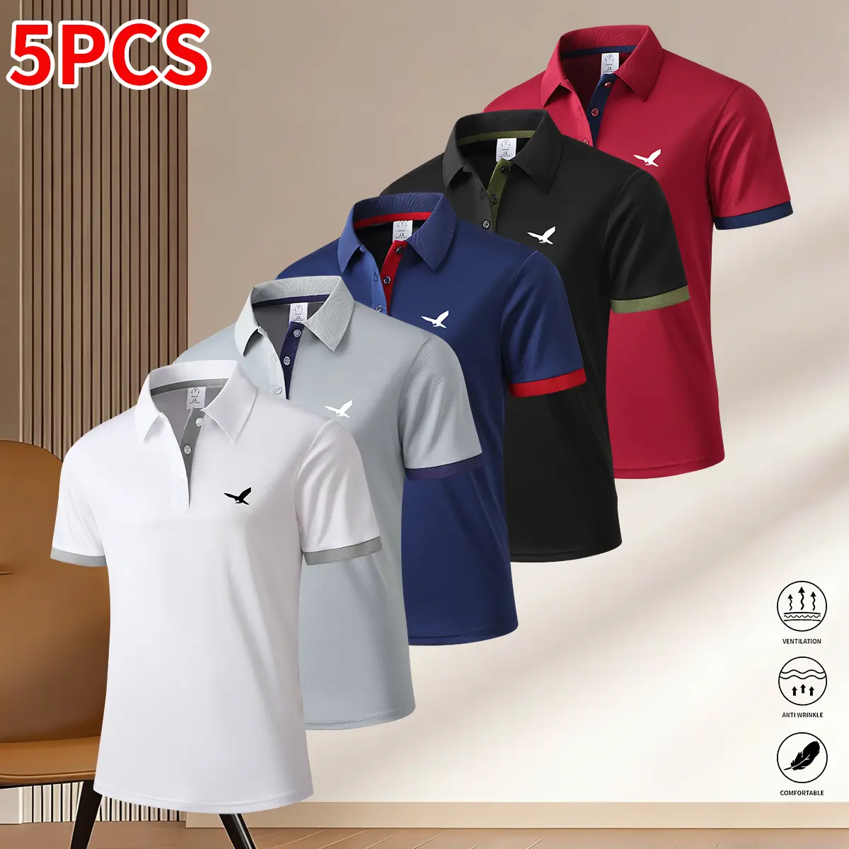 Men’s 5-Pack Polo Shirts with Turn-Down Collar, Casual and Business Wear, Ideal for Summer Vacations and Everyday Outfits,summervibes