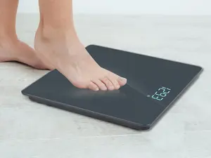 Homebuds Bathroom Scale for Body Weight High Precision 0.1lb LED Display Step-On 400lb/182kg Blue Tempered Glass Platform 3 AAA Batteries Included