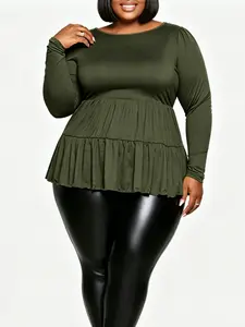 JOY PAY Women's Plus Size Tiered Peplum Blouse - Long Sleeve Crew Neck Ruffle Tunic for Work & Weekend