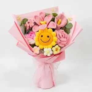 Handmade Knitted Flower Bouquet, Sunflower Graduation Gift, Friends and Teachers Present, Puff Rose Decoration, Floral Arrangement