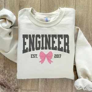Personalized Engineer Coquette Bow Sweatshirt, Est. Date Engineering Hoodie, Gift for Mechanical Chemical Civil Software Biomedical Engineer